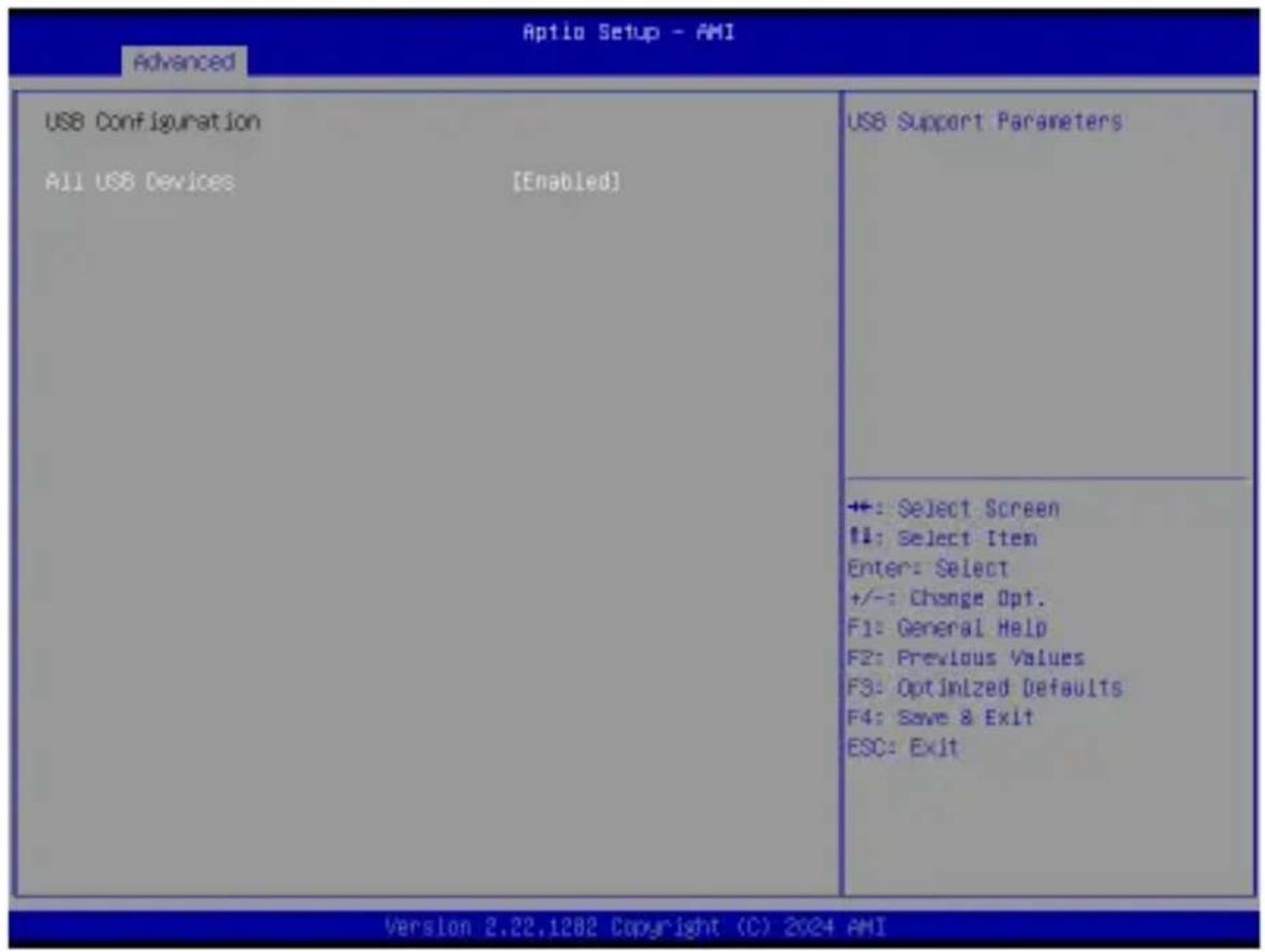 Aptio Setup - AMI Advanced USB Configuration All USB Devices [Enabled] USB Support Parameters ++: Select Screen #1: Select Item Enter: Select +/-: Change Opt. F1: General Help F2: Previous Values F3: Optimized Defaults F4: Save & Exit ESC: Exit Version 2.22.1282 Copyright (C) 2024 AMI