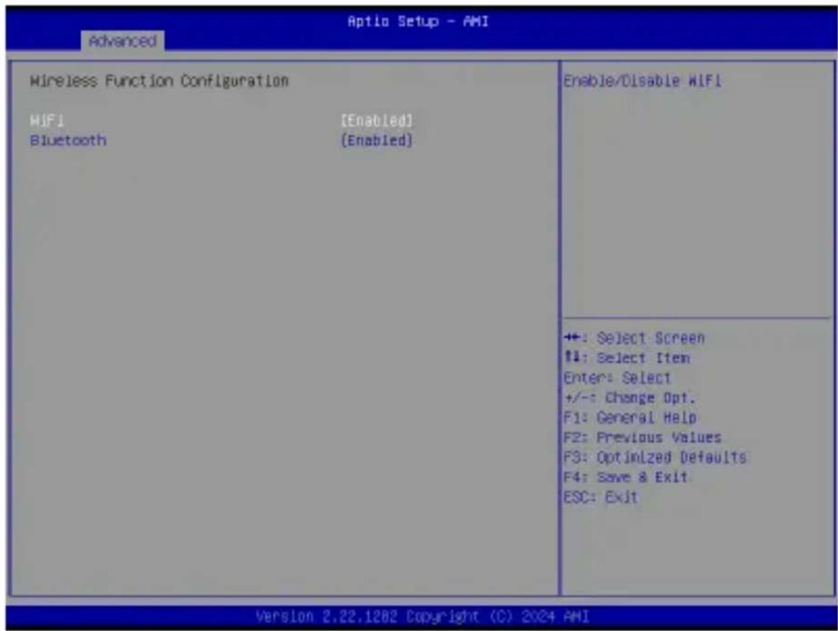 Aptio Setup - AMI Advanced Wireless Function Configuration HIFI [Enabled] Bluetooth [Enabled] Enable/Disable WIFI ++: Select Screen !!: Select Item Enter: Select +/-: Change Opt. F1: General Help F2: Previous Values F3: Optimized Defaults F4: Save & Exit. ESC: Exit Version 2.22.1282 Copyright (C) 2024 AMI