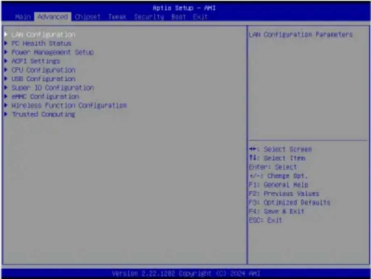 Aptio Setup - AMI Main Advanced Chipset Tweak Security Boot Exit LAN Configuration PC Health Status Power Management Setup ACPI Settings CPU Configuration USB Configuration Super 10 Configuration eMMC Configuration Wireless Function Configuration Trusted Computing LAN Configuration Parameters ++: Select Screen !!: Select Item Enter: Select +/-: Change Opt. F1: General Help F2: Previous Values F3: Optimized Defaults F4: Save & Exit ESC: Exit Version 2.22.1282 Copyright (C) 2024 AMI
