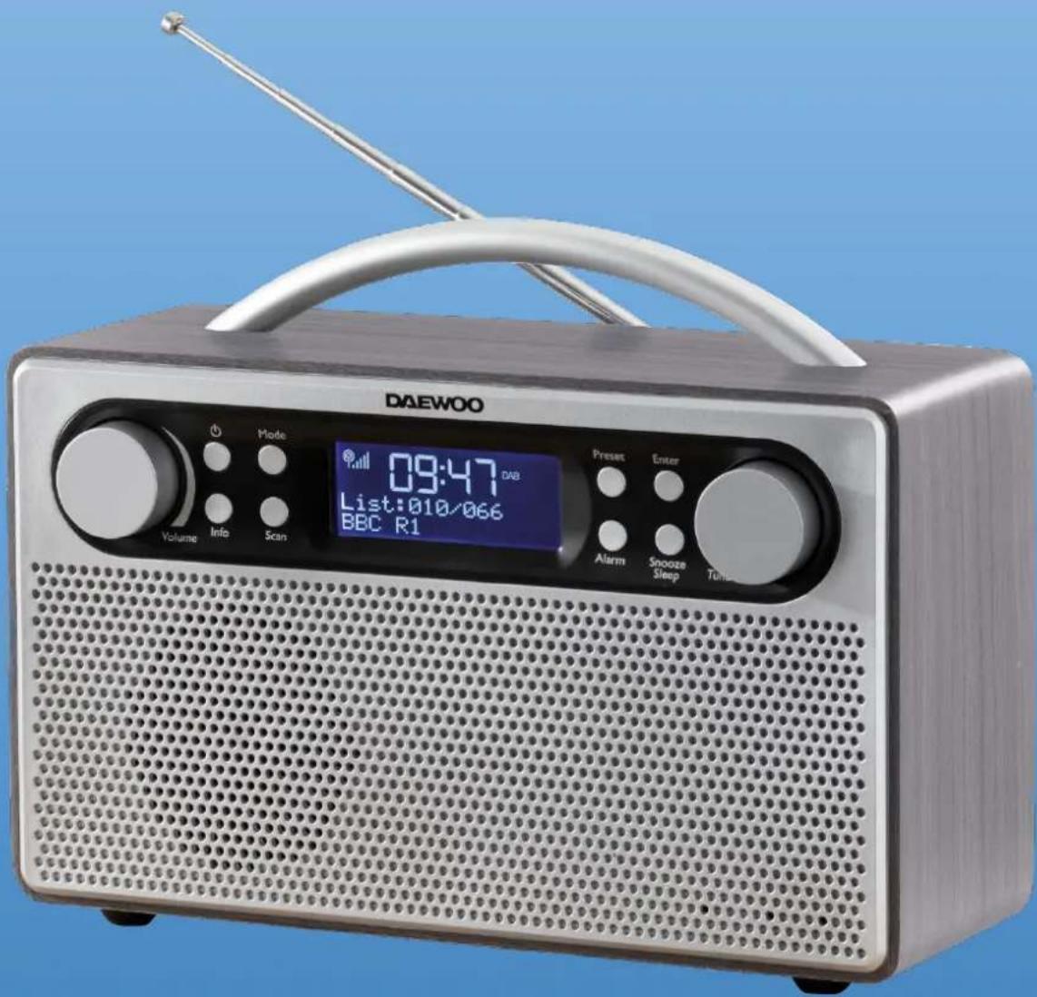 DAEWOO 09:47 DAB List:010/066 BBC R1 Volume Info Scan Preset Enter Alarm Snooze Sleep Turnover