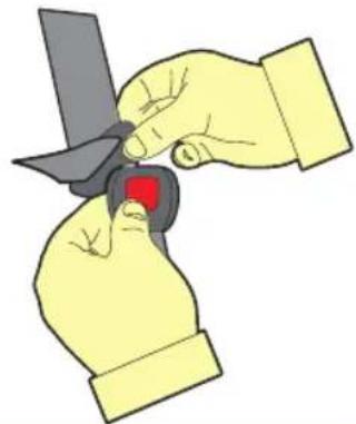 Illustration of two hands adjusting a small object with a red button (no text or symbols)