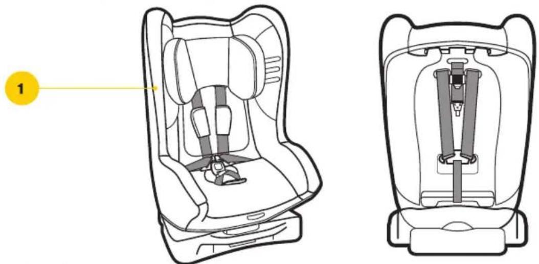 Technical line drawing of a car seat assembly, showing front and side views with no text or symbols