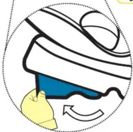 Illustration of a hand cleaning a blue object with motion arrows, enclosed in a dotted oval (no text or symbols)