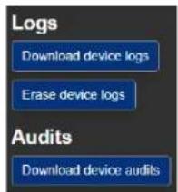 Logs Download device logs Erase device logs Audits Download device audits