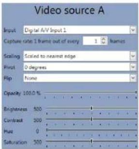 Video source A Input Digital A/V Input 1 Capture rate 1 frame out of every 1 frames Scaling Scaled to nearest edge Pivot 0 degrees Flip None Opacity 100.0 % Brightness 500 Contrast 500 Pue 0 Saturation 500