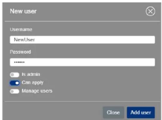 New user Username NewUser Password ****** Is admin Can apply Manage users Close Add user
