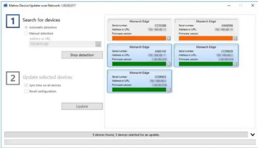 Matrox Device Updater over Network 1 Search for devices Automatic detection Manual detection Address or URL Stop detection 2 Update selected devices Sync time on all devices Reset configuration Update 5 devices found, 3 devices selected for an update.