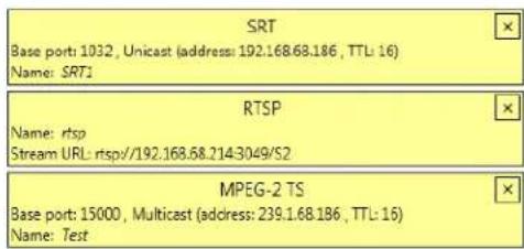 SRT Base port: 1032, Unicast (address: 192.168.68.186, TTL: 16) Name: SRT1 RTSP Name: rtsp Stream URL: rtsp//192.168.68.2143049/S2 MPEG-2 TS Base port: 15000, Multicast (address: 239.1.68.186, TTL: 16) Name: Test