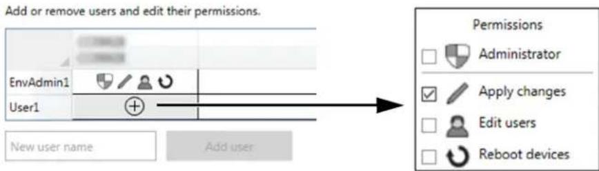 Add or remove users and edit their permissions. EnvAdmin1 User1 New user name Add user Permissions Administrator Apply changes Edit users Reboot devices