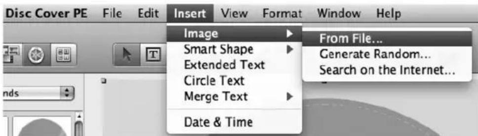 Disc Cover PE File Edit Insert View Format Window Help Image Smart Shape Extended Text Circle Text Merge Text Date & Time From File... Generate Random... Search on the Internet...