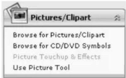 Pictures/Clipart Browse for Pictures/Clipart Browse for CD/DVD Symbols Picture Touchup & Effects Use Picture Tool