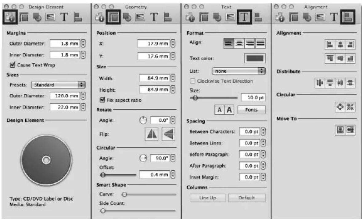 Design Element Geometry Text Alignment Margins Outer Diameter: 1.8 mm Inner Diameter: 1.8 mm Cause Text Wrap Sizes Presets: Standard Outer Diameter: 120.0 mm Inner Diameter: 22.0 mm Design Element Type: CD/DVD Label or Disc Media: Standard Position X: 17.9 mm Y: 17.6 mm Size Width: 84.9 mm Height: 84.9 mm Fix aspect ratio Rotate Angle: 0.0° Flip: Circular Angle: 90.0° Offset: 0.4 mm Smart Shape Curve: Side Count: Format Align: Text color: List: none Clockwise Text Direction Size: 10.0 pt A A Fonts Spacing Between Characters: 0.0 pt Between Lines: 0.0 pt Before Paragraph: 0.0 pt After Paragraph: 0.0 pt Inset Margin: 0.0 pt Columns Line Up Default Alignment Distribute Circular Move To