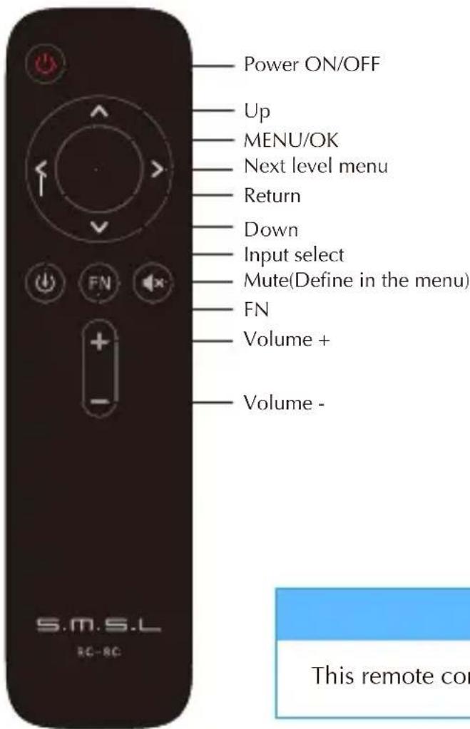 Power ON/OFF Up MENU/OK Next level menu Return Down Input select Mute(Define in the menu) FN Volume + Volume - S.M.S.L RC-RC This remote con