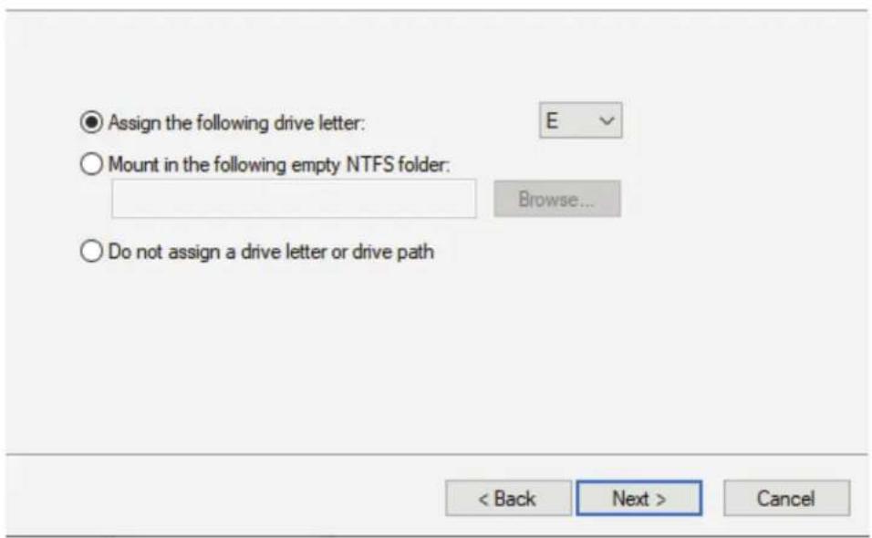 Assign the following drive letter: Mount in the following empty NTFS folder: Browse... Do not assign a drive letter or drive path < Back Next > Cancel