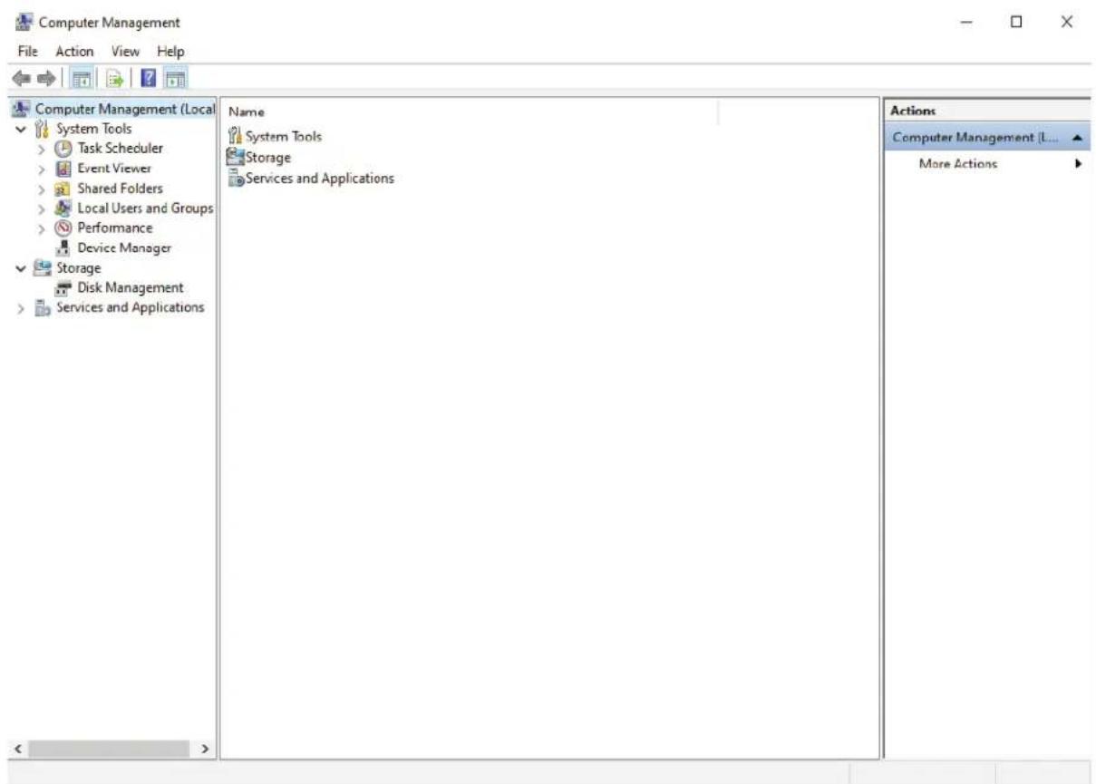 Computer Management File Action View Help Computer Management (Local System Tools > Task Scheduler Event Viewer > Shared Folders > Local Users and Groups Performance Device Manager Storage Disk Management Services and Applications Name System Tools Storage Services and Applications Actions Computer Management (L... More Actions
