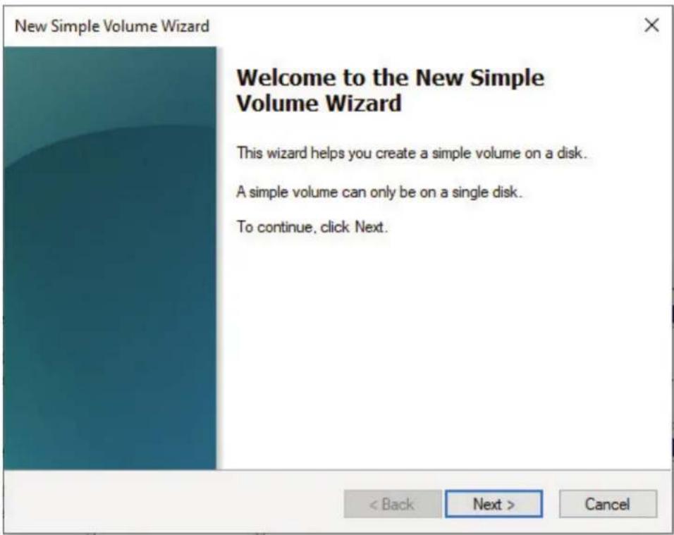 New Simple Volume Wizard Welcome to the New Simple Volume Wizard This wizard helps you create a simple volume on a disk. A simple volume can only be on a single disk. To continue, click Next.
