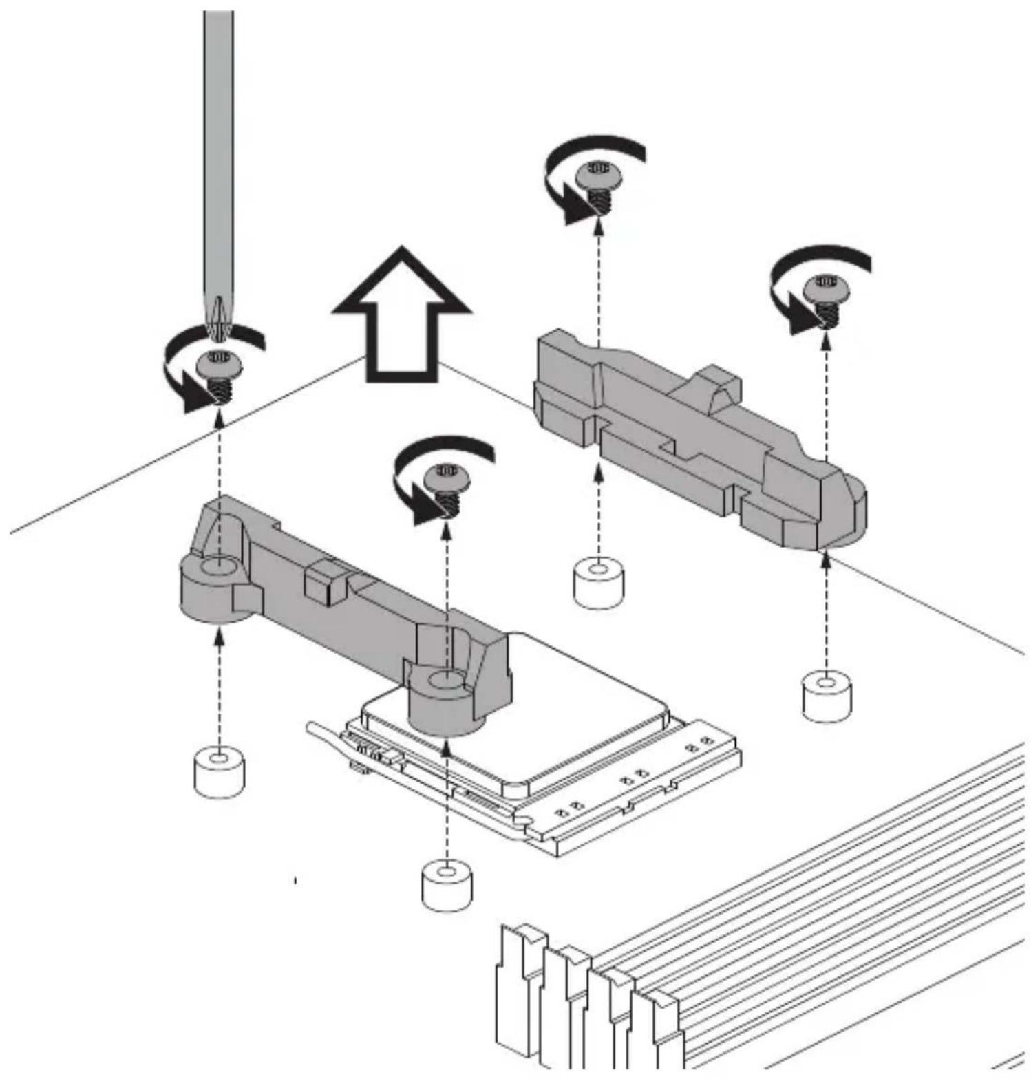 Technical diagram illustrating mechanical assembly steps with labeled components and directional arrows indicating motion or movement.