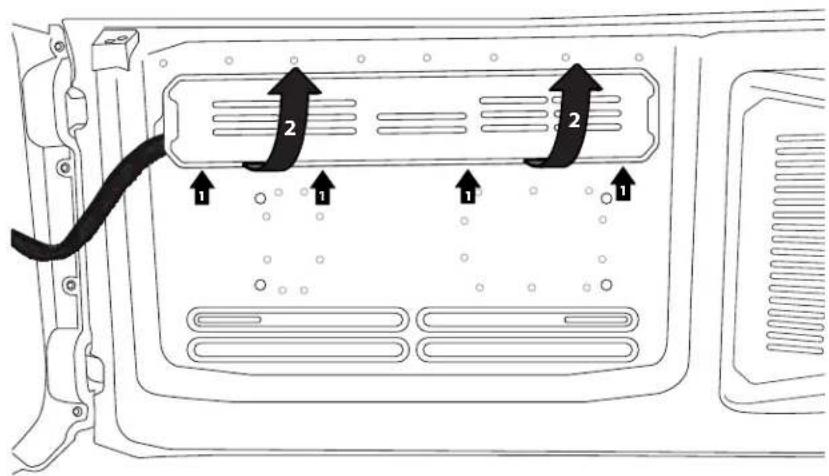 Diagram of a device rear panel with labeled ports and directional arrows indicating flow or movement.