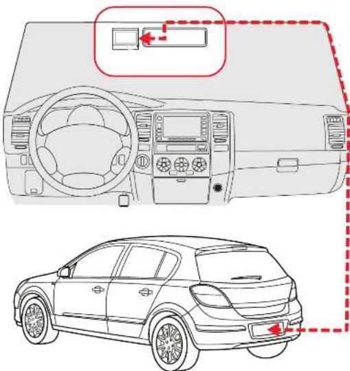 Diagram showing car interior and exterior view with labeled controls and directional arrows indicating movement or positioning.