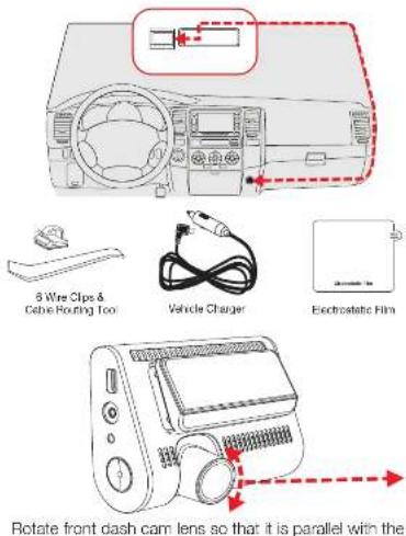 8 Wire Clips & Cable Routing Tool Vehicle Charger Electrostatic Film Rotate front dash cam lens so that it is parallel with the