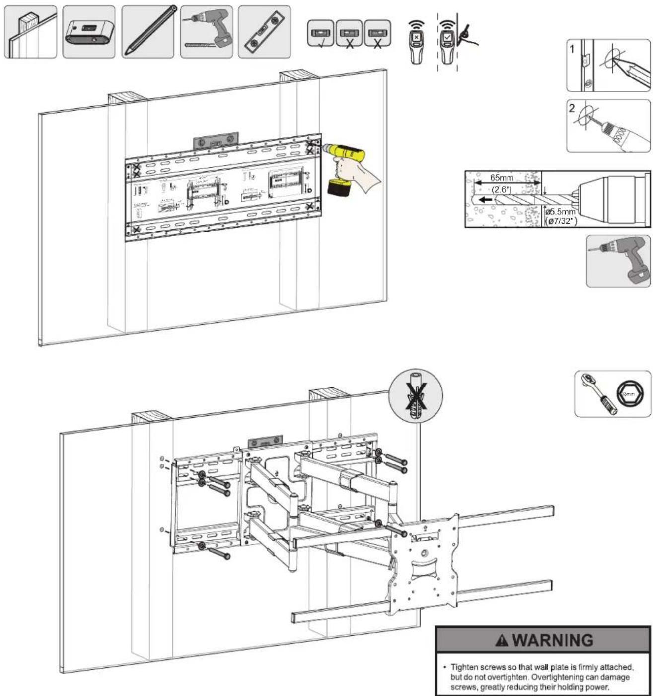 Mount-It! MI-394 - 1a. INSTALLATION OPTION 1: Wood Stud Installation (Suitable for 16" or 24" apart studs) - 1