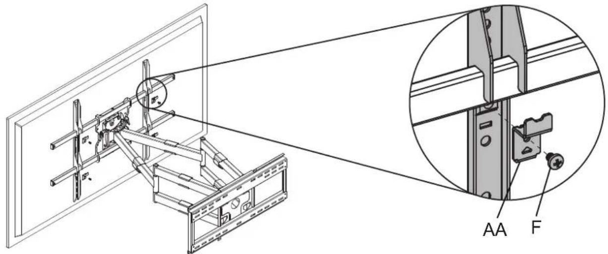 Technical diagram of a mechanical assembly with labeled components AA and F, showing a close-up inset view.