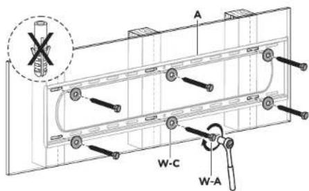 Technical diagram of a mechanical assembly with labeled components A, W-C, and W-A, including a magnified inset showing a cross-section view.