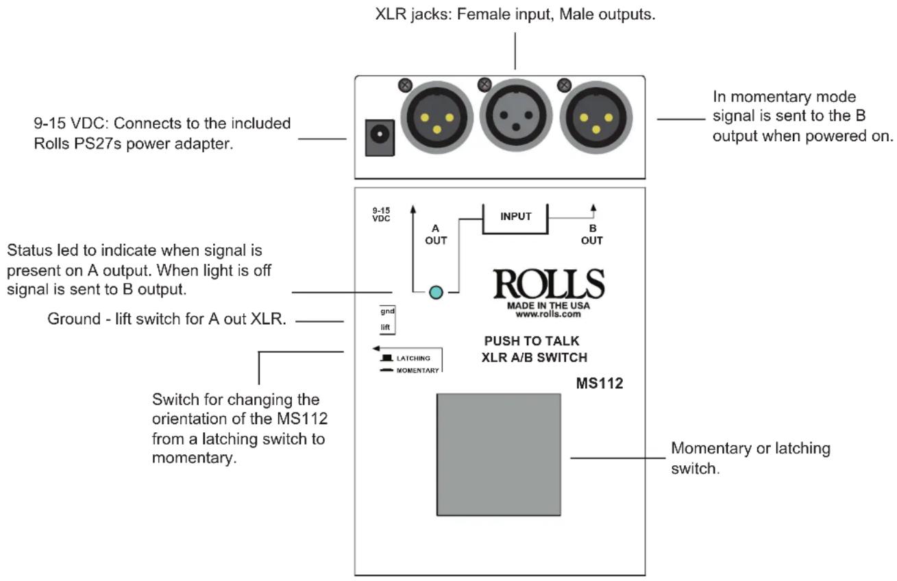XLR jacks: Female input, Male outputs. 9-15 VDC: Connects to the included Rolls PS27s power adapter. Status led to indicate when signal is present on A output. When light is off signal is sent to B output. Ground - lift switch for A out XLR. Switch for changing the orientation of the MS112 from a latching switch to momentary. 9-15 VDC INPUT B OUT ROLLS MADE IN THE USA www.rolls.com PUSH TO TALK XLR A/B SWITCH MS112 Momentary or latching switch.
