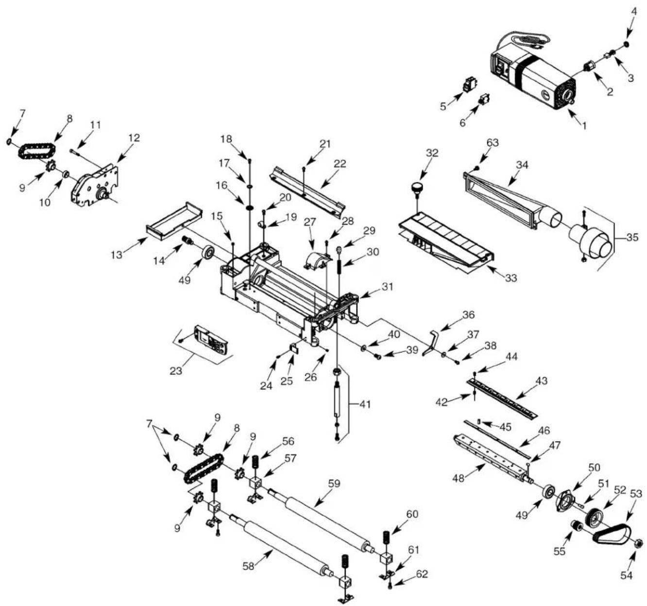 Exploded view diagram of a mechanical assembly with numbered components and directional arrows indicating assembly steps.