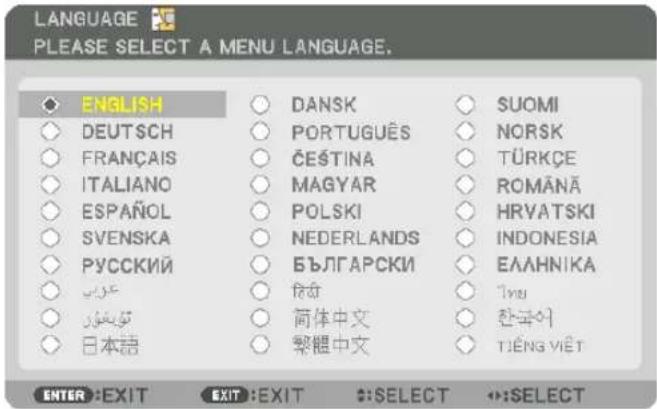 LANGUAGE PLEASE SELECT A MENU LANGUAGE. ENGLISH DEUTSCH FRANÇAIS ITALIANO ESPAÑOL SVENSKA PYCCKIÑ طاب توبابون 日本語 DANSK PORTUGUÊS ČEŠTINA MAGYAR POLSKI NEDERLANDS БЪЛГАРСКИ شیلی 简体中文 繁體中文 SUOMI NORSK TÜRKÇE ROMÂNÄ HRYATSKI INDONESIA ΕΛΛΗΝΙΚΑ Ínu 한국어 TIĚNG VIĚT ENTER:EXIT EXIT:EXIT :SELECT :SELECT