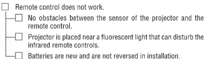 Remote control does not work. No obstacles between the sensor of the projector and the remote control. Projector is placed near a fluorescent light that can disturb the infrared remote controls. Batteries are new and are not reversed in installation.