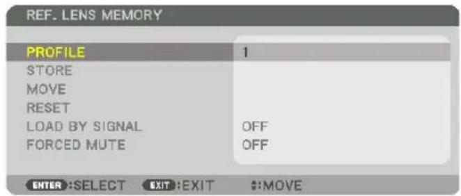 REF. LENS MEMORY PROFILE 1 STORE MOVE RESET LOAD BY SIGNAL OFF FORCED MUTE OFF ENTER :SELECT EXIT :EXIT #:MOVE