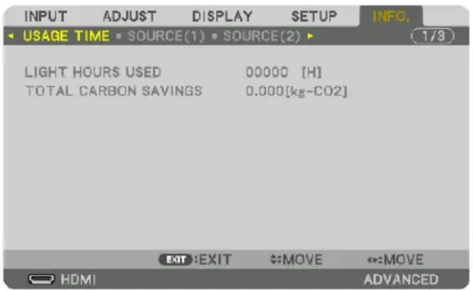 INPUT ADJUST DISPLAY SETUP INFO. USAGE TIME SOURCE(1) SOURCE(2) 1/3 LIGHT HOURS USED 00000 [H] TOTAL CARBON SAVINGS 0.000[kg-CO2] EXIT:EXIT MOVE MOVE HDMI ADVANCED