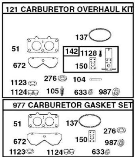 121 CARBURETOR OVERHAUL KIT 51 672 1123 1124 137 142 1128 150 276 104 105 633@ 987@ 977 CARBURETOR GASKET SET 51 672 1123 1124 137 150 276 987@ 633@