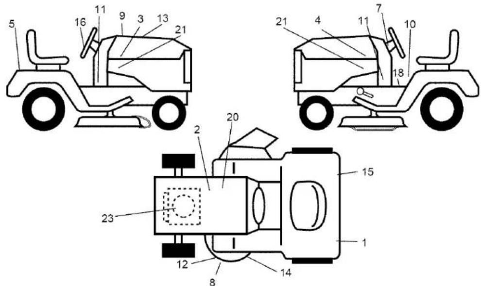 Technical diagram of three different vehicle models with numbered components and labeled parts