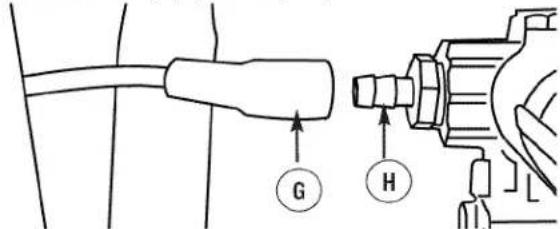 Technical diagram showing a cable connector labeled G and H connected to a motor or pump component, with arrows indicating direction of connection.