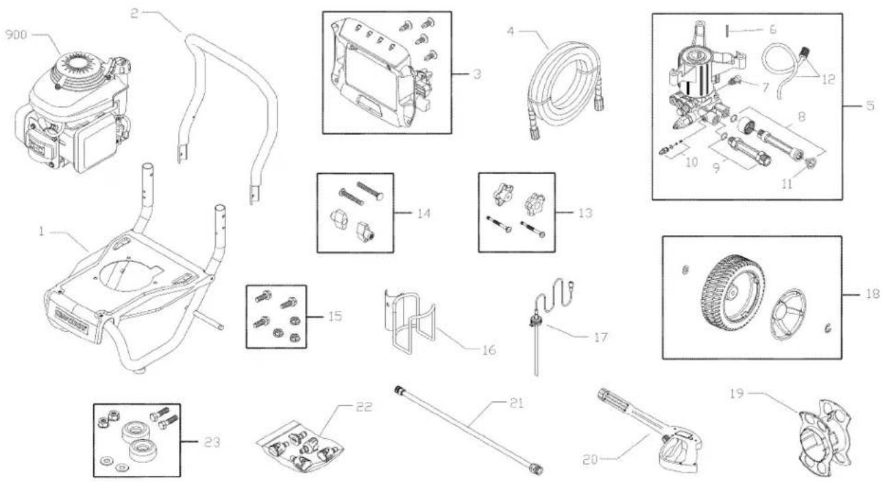 Technical diagram of a pump assembly with numbered parts and exploded views for each component.