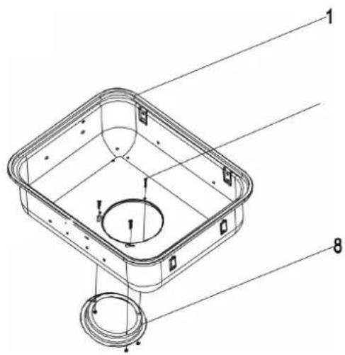 Technical diagram of a rectangular device with labeled parts, showing internal components and connection points.