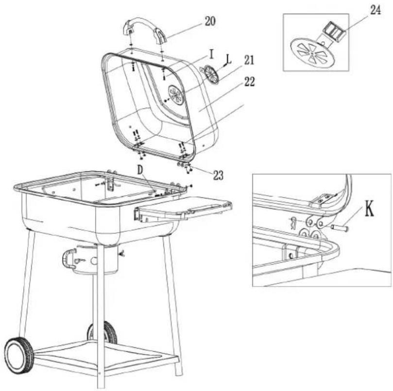 Technical diagram of a portable heater with labeled parts and exploded view, including parts numbered 20, 21, 22, 23, and 24.