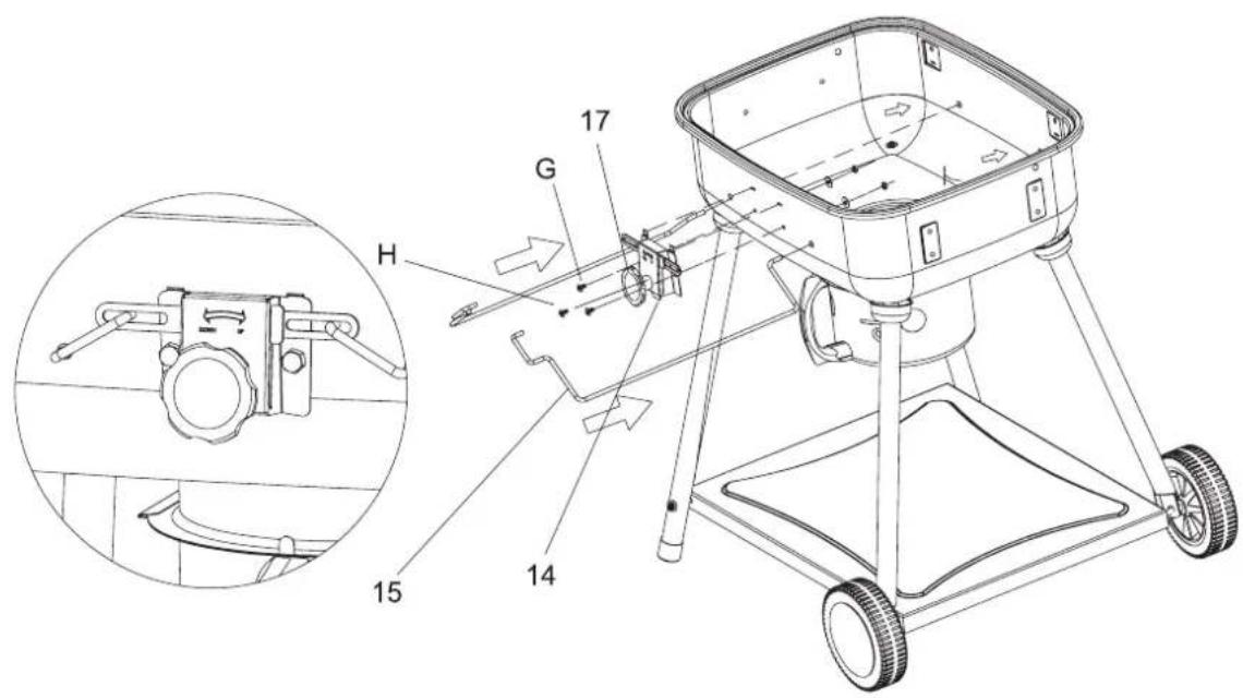 Technical diagram of a mechanical device with labeled parts and an inset view showing a mechanical assembly.