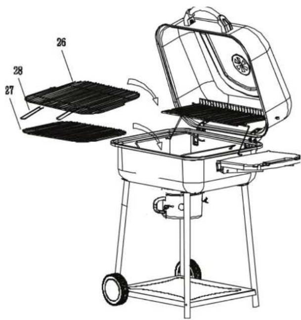 Technical diagram of a grill with labeled components and parts, showing internal structure and assembly steps