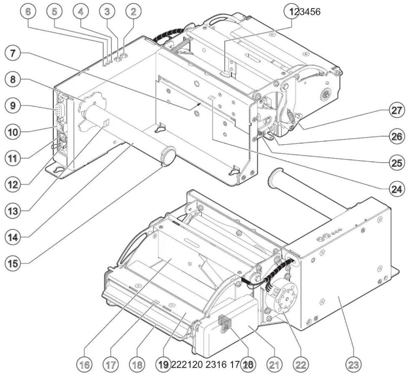 Technical diagram of an electronic device with numbered components for identification and assembly reference.