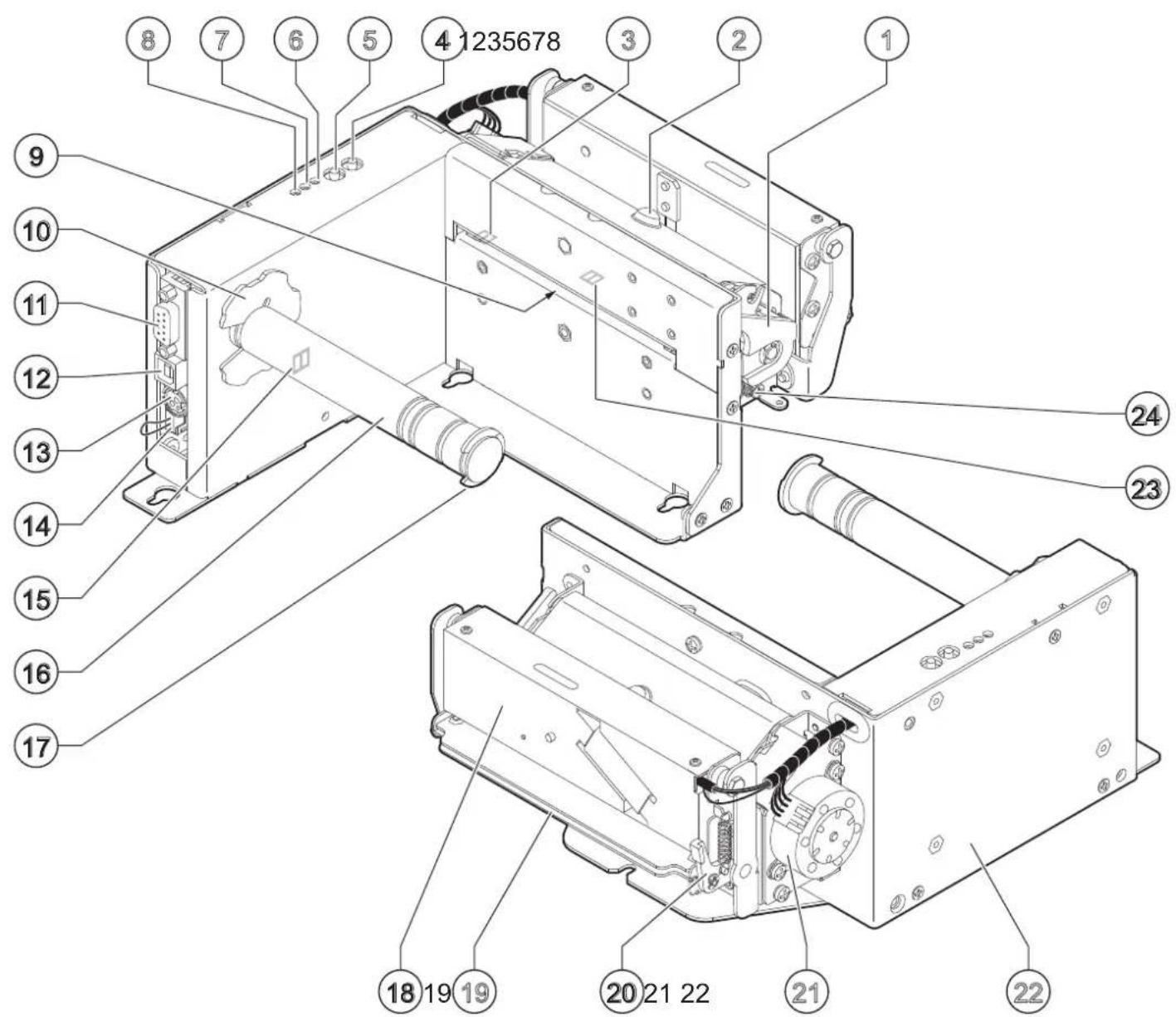 Technical diagram of an electronic device with numbered components for identification and assembly reference.