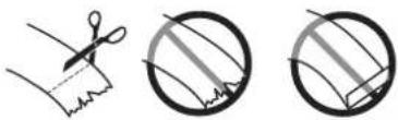 Diagram illustrating three steps of hair cutting: scissors cutting, striped pattern cutting, and ring closure.