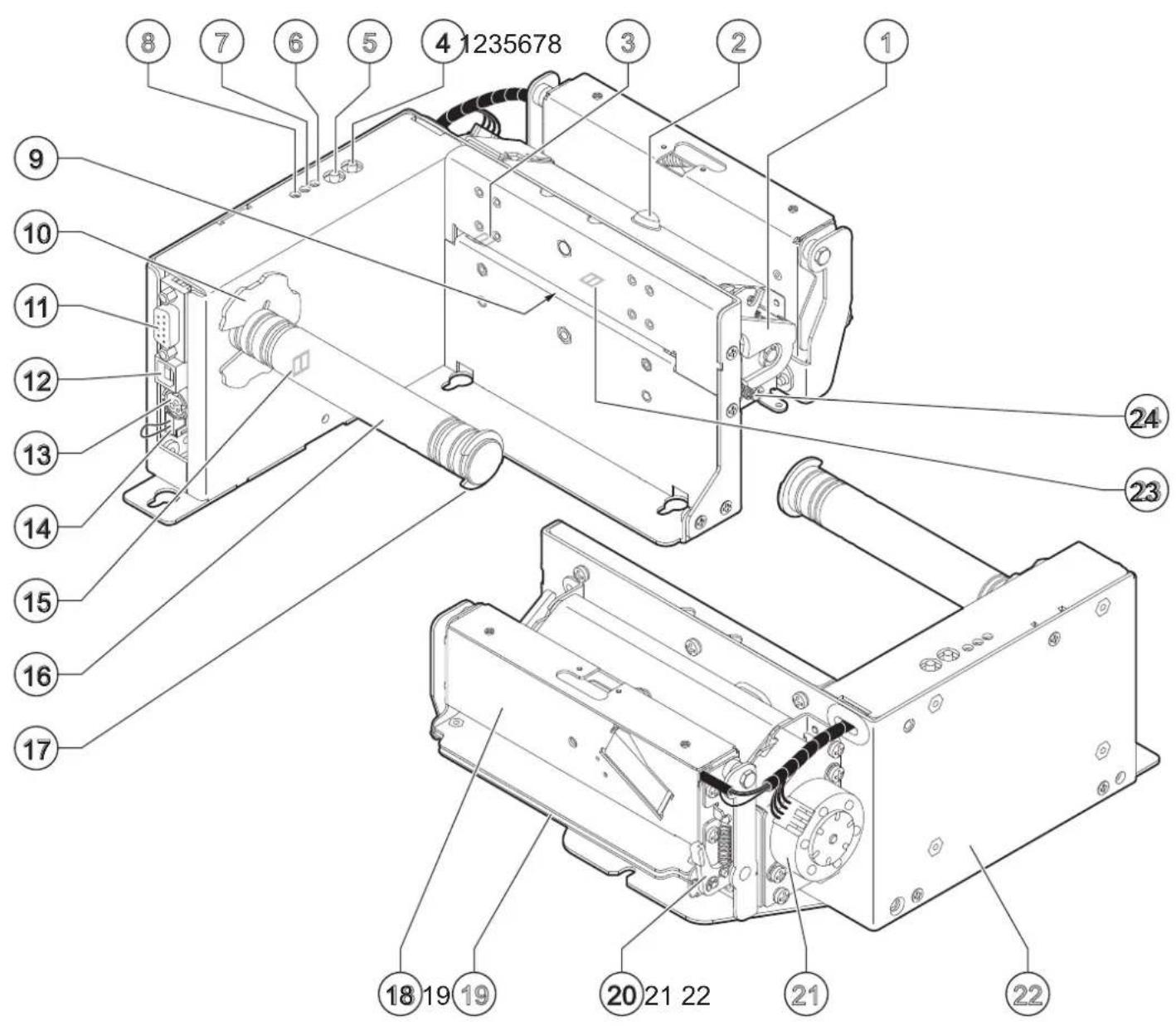 Technical diagram of an electronic device with numbered components for identification and assembly reference.