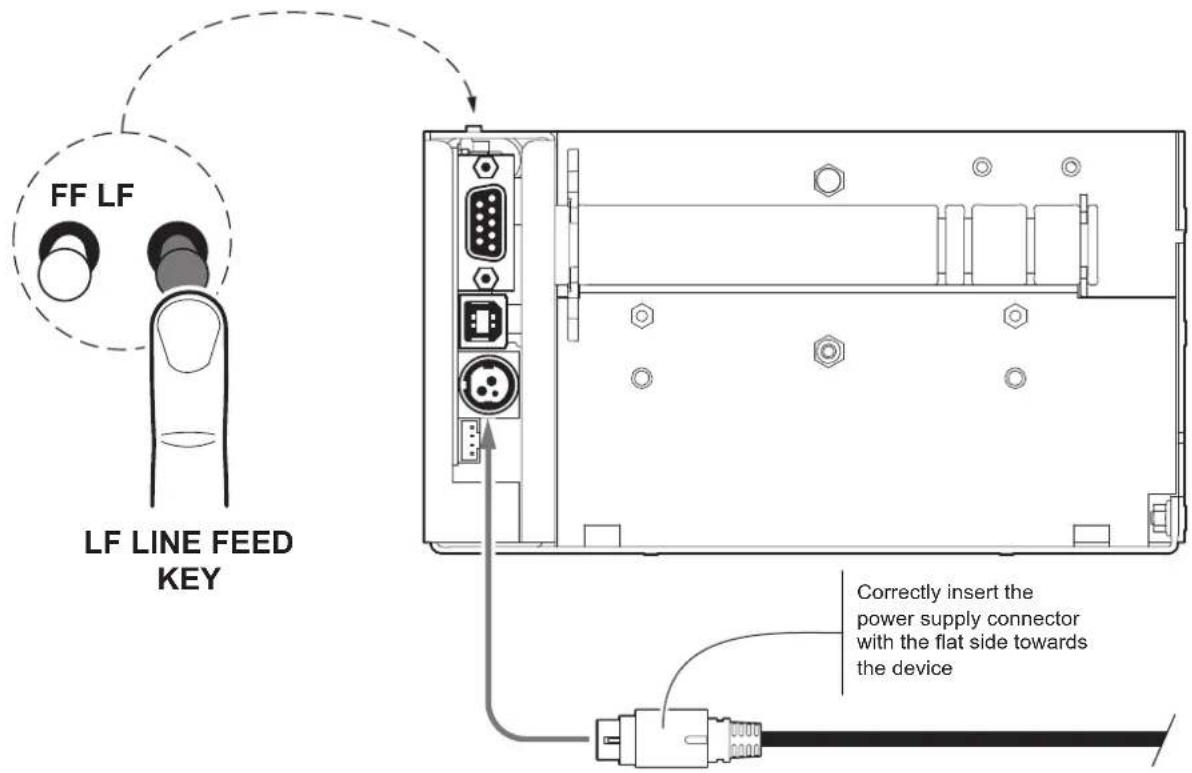 FF LF LF LINE FEED KEY Correctly insert the power supply connector with the flat side towards the device