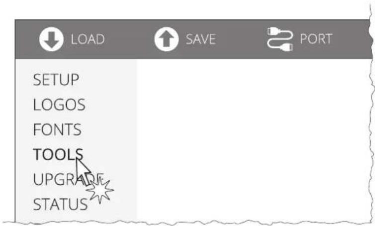 LOAD SAVE PORT SETUP LOGOS FONTS TOOLS UPGRADE STATUS