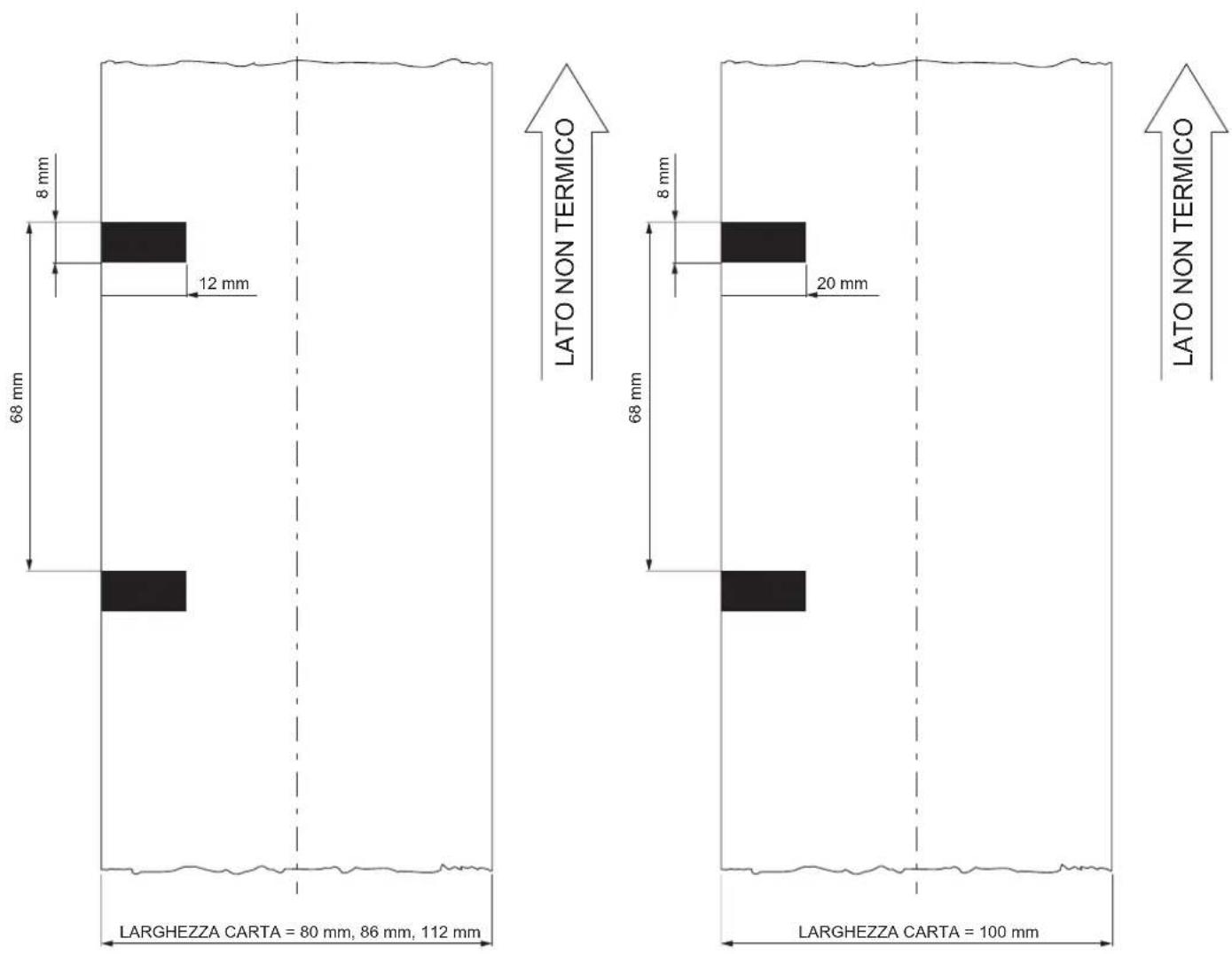LARGHEZZA CARTA = 80 mm, 86 mm, 112 mm 8 mm 12 mm 68 mm LARGHEZZA CARTA = 100 mm LATO NON TERMICO LARGHEZZA CARTA = 80 mm, 86 mm, 112 mm 8 mm 20 mm 68 mm LATO NON TERMICO