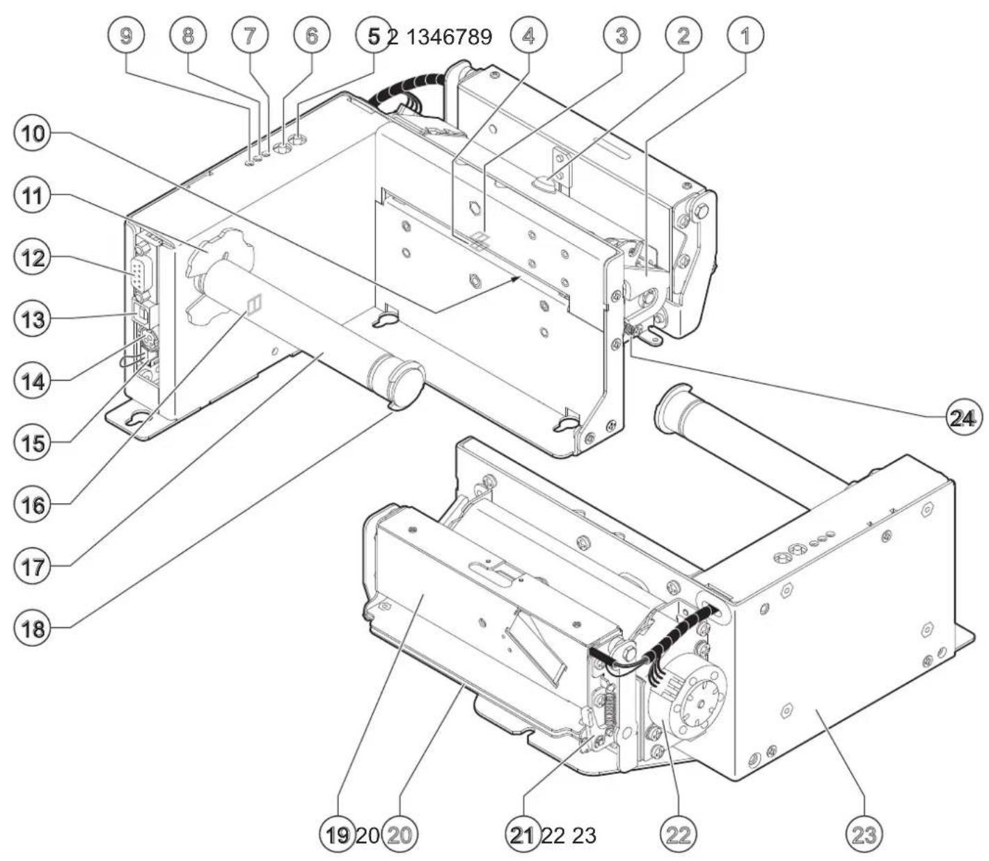 Technical diagram of an electronic device with numbered components for identification and assembly reference.