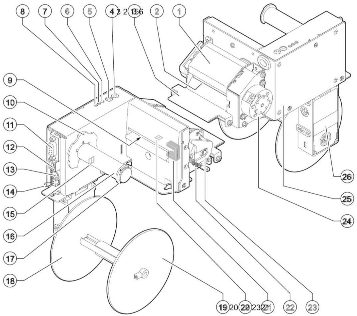 Exploded view diagram of a mechanical device with numbered parts for identification